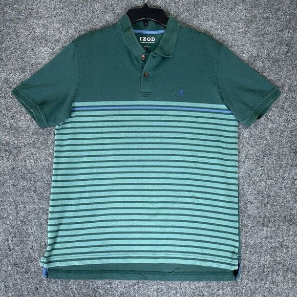 Izod Polo Shirt Mens Large Green Striped Short Sleeve Golf Casual Dadcore‎ Adult - Picture 1 of 7